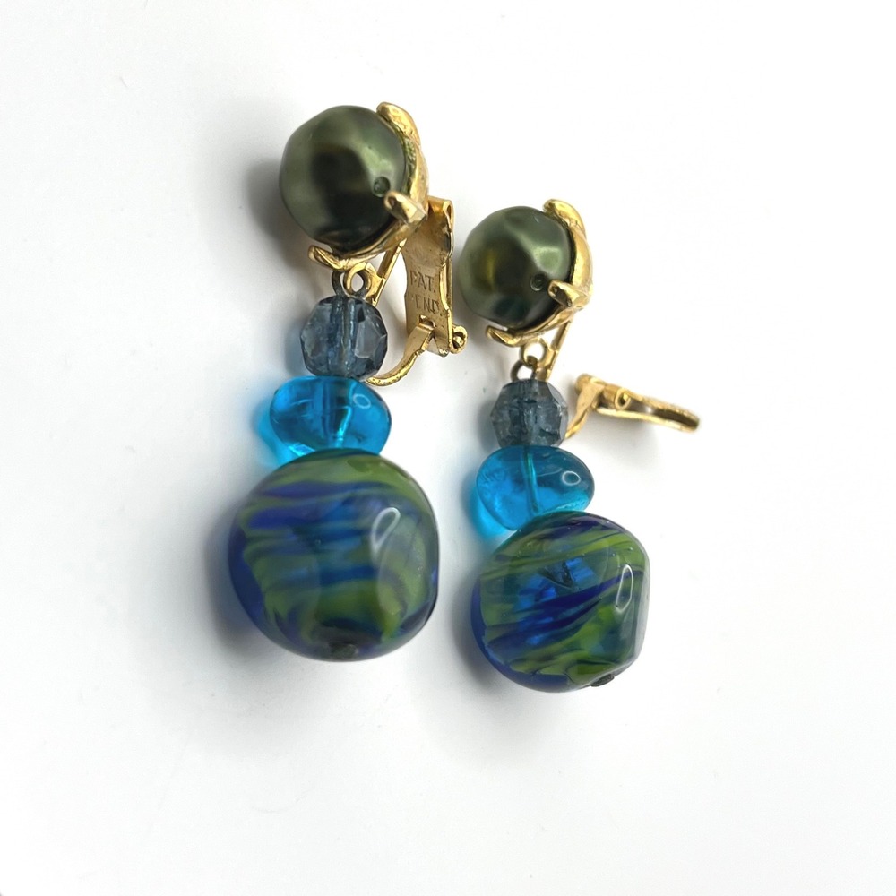 Schiaparelli Vintage Art Glass Faux Pearl Clip On Drop Earrings Blue Green Gold